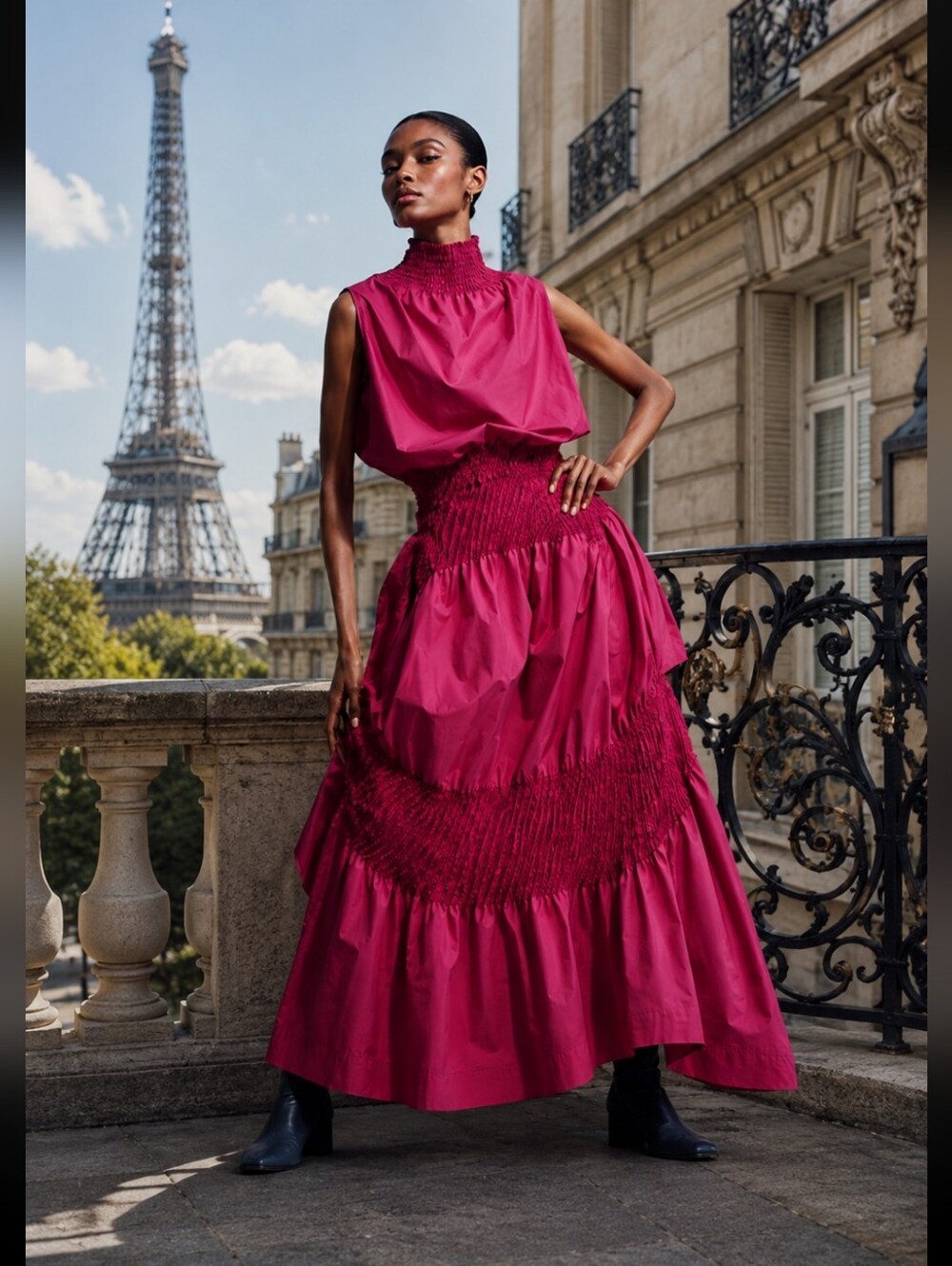 ISSEY MIYAKE  Bold Fuchsia High-Neck Tiered Maxi Dress (RARE)